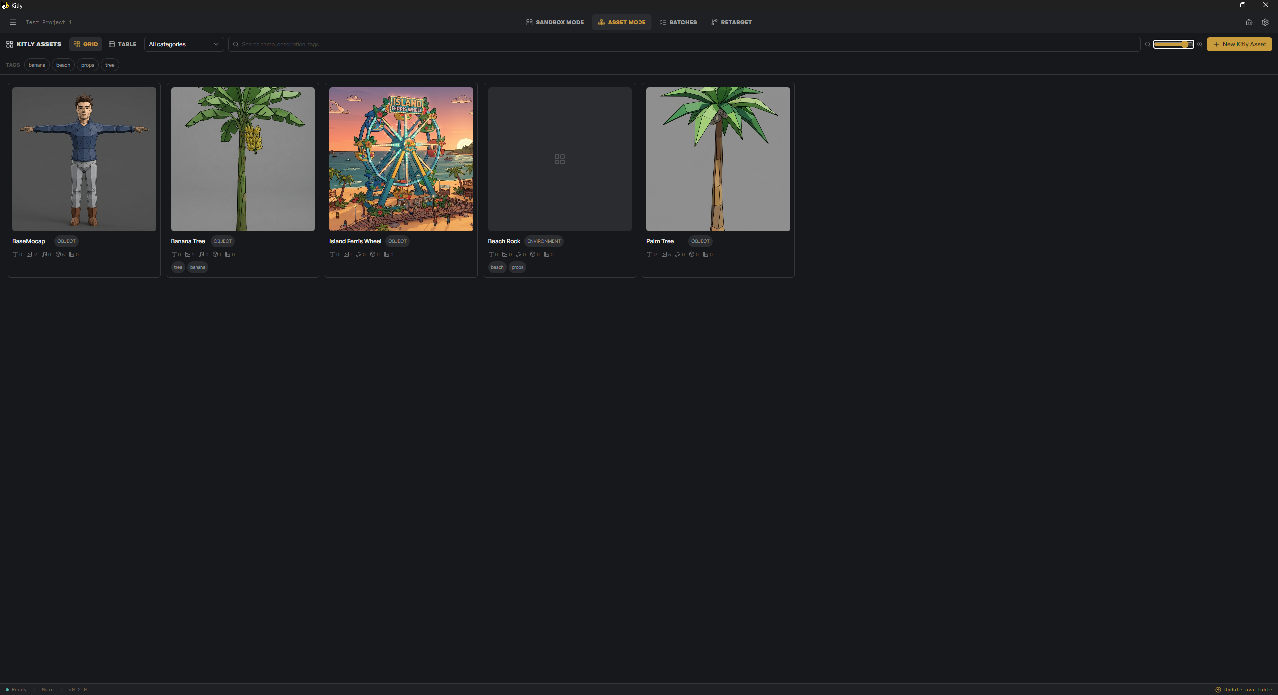 The Kitlig Asset Library grid, showing generated 3D assets like a banana tree, a beach environment, and a rigged character, each tagged and ready to open.